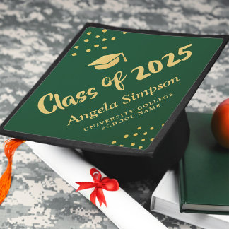 Modern Green Golden Accents Celebration Script Graduation Cap Topper