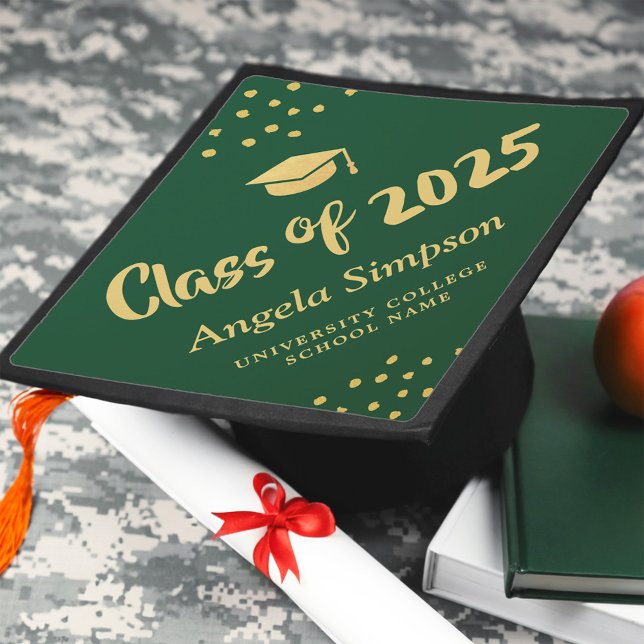 Modern Green Golden Accents Celebration Script Graduation Cap Topper (Creator Uploaded)