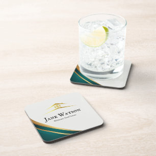 Modern Green & Golden Real Estate Beverage Coaster
