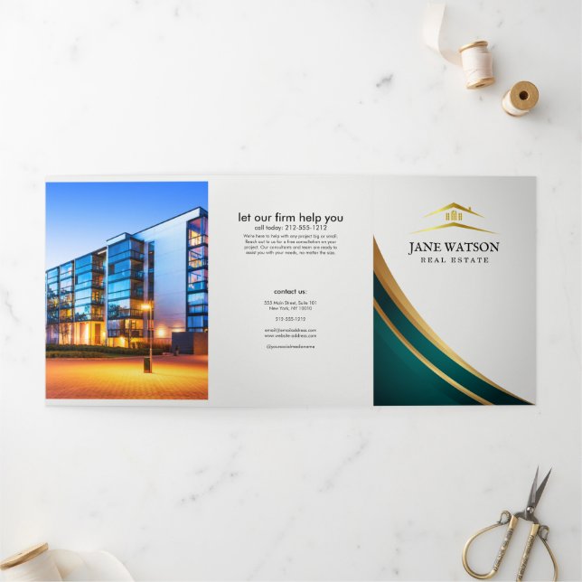 Modern Green & Golden Real Estate Tri-Fold Card (Outside)