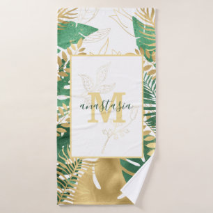 Modern Green Golden Tropical Leaves Monogram Bath Towel Set