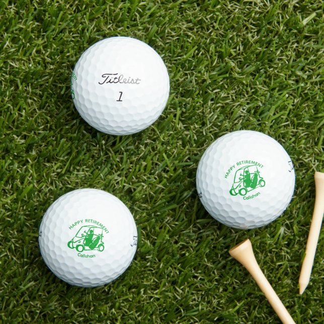 Modern Green Golf Cart Driver Happy Retirement Balls (Insitu Grass)