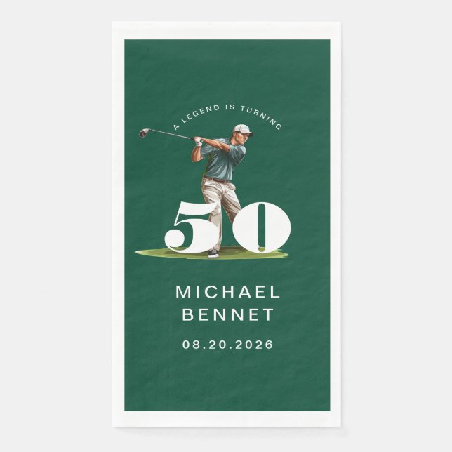 Modern Green Golfer 50th Birthday Paper Guest Towels (Front)