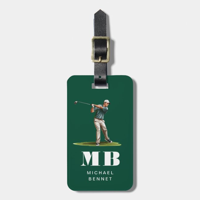 Modern Green Golfer Sport Monogram Luggage Tag (Front Vertical)