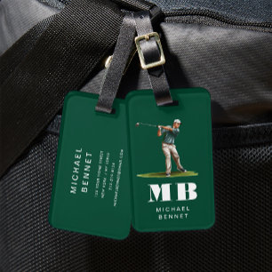Modern Green Golfer Sport Monogram Luggage Tag