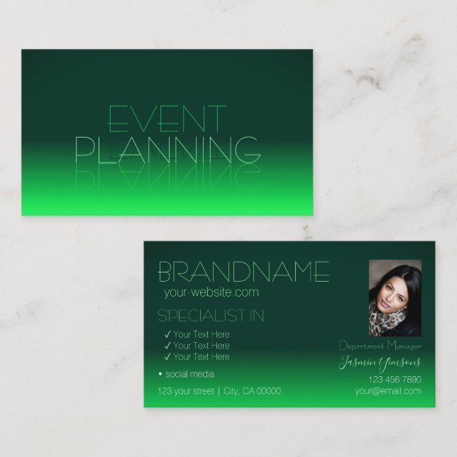 Modern Green Gradient Chic Mirror Font with Photo Business Card (Front/Back)