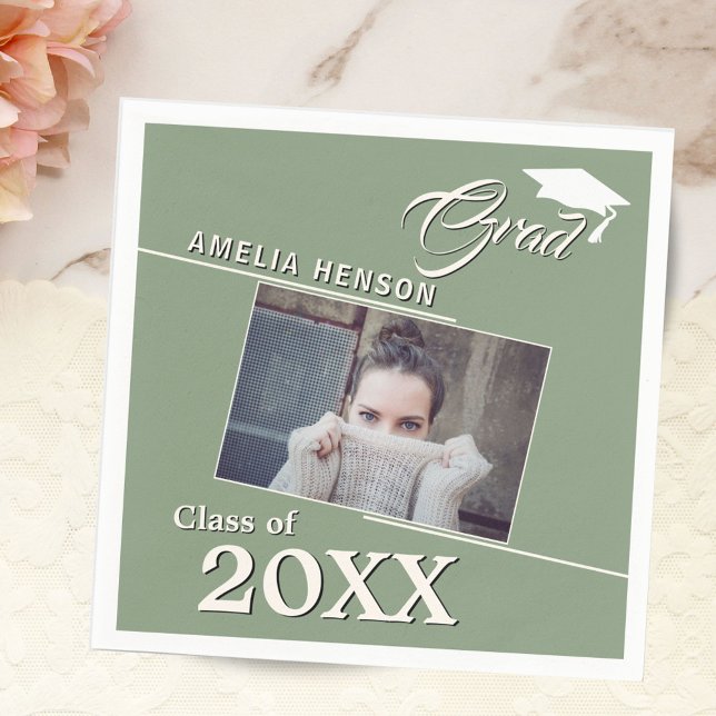 Modern Green Graduate Photo Graduation Party Napkins (Creator Uploaded)