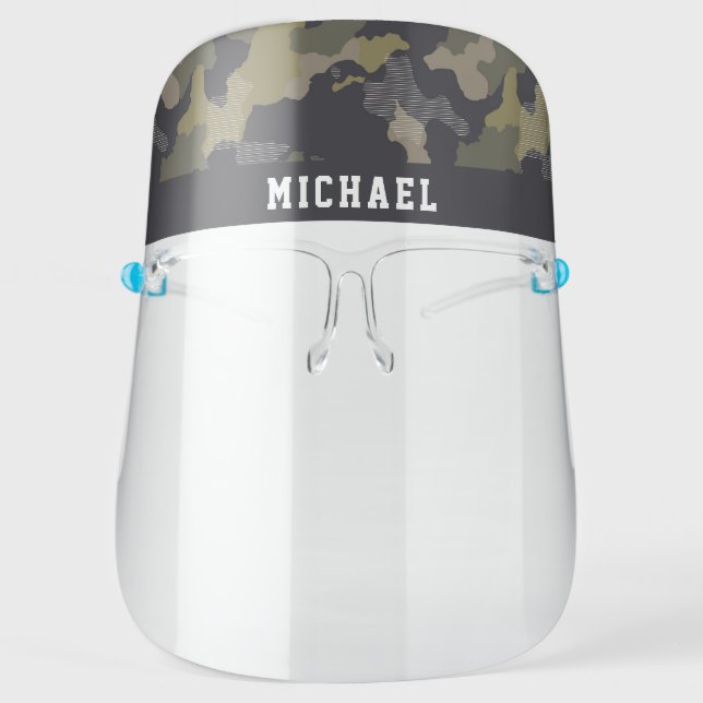 Modern Green Gray Camouflage Military Custom Name Face Shield (Front)
