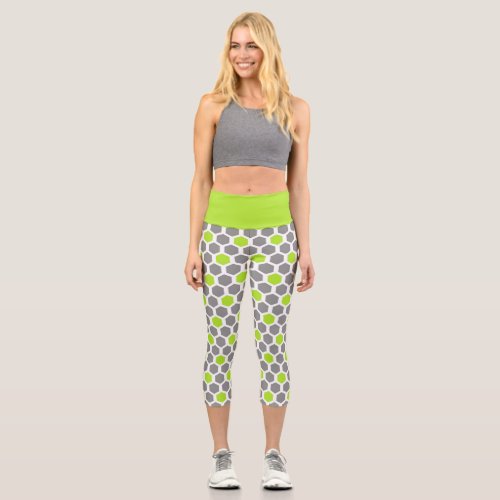 Modern Green Gray Geometric Hexagon Pattern Capri Leggings