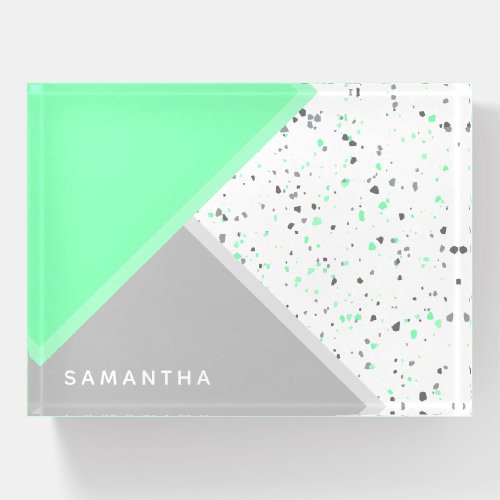 Modern Green Gray Geometric Terrazzo With Name Paperweight