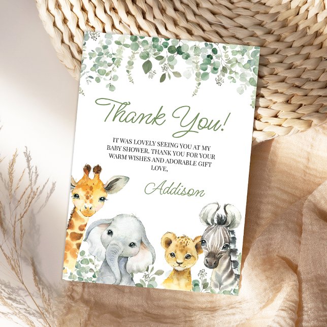 Modern Green Greenery Foliage Safari Baby Shower  Thank You Card (Greenery Safari Baby Shower Thank You Card, Foliage Safari Thank You card, Gender Neutral, Jungle)