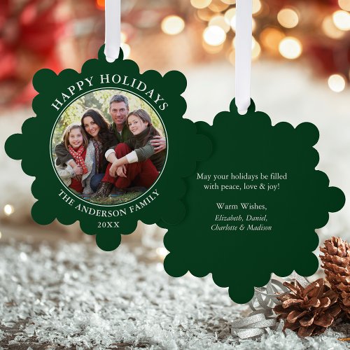 Modern Green Happy Holidays Photo Ornament Card