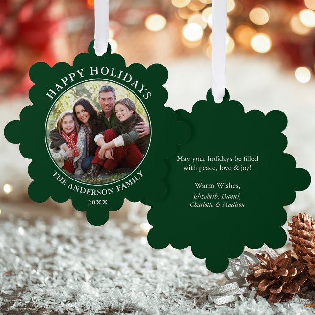 Modern Green Happy Holidays Photo Ornament Card (A greeting card that is also an ornament! Customize with your photo and personalized text.)