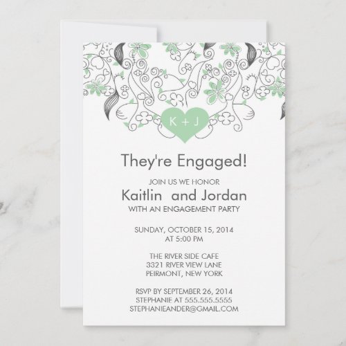 Modern Green Heart with Flowers Engagement Party Personalized Invitations