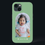 Modern Green Hearts Name Arch Family Photo iPhone 13 Case<br><div class="desc">A modern and simple phone case to keep your loved ones always close to you - featuring your image and name of choice. Perfect for parents or as a gift for grandparents. Modern and fresh green background but all colors can be changed.</div>