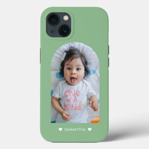 Modern Green Hearts Name Arch Family Photo iPhone 13 Case