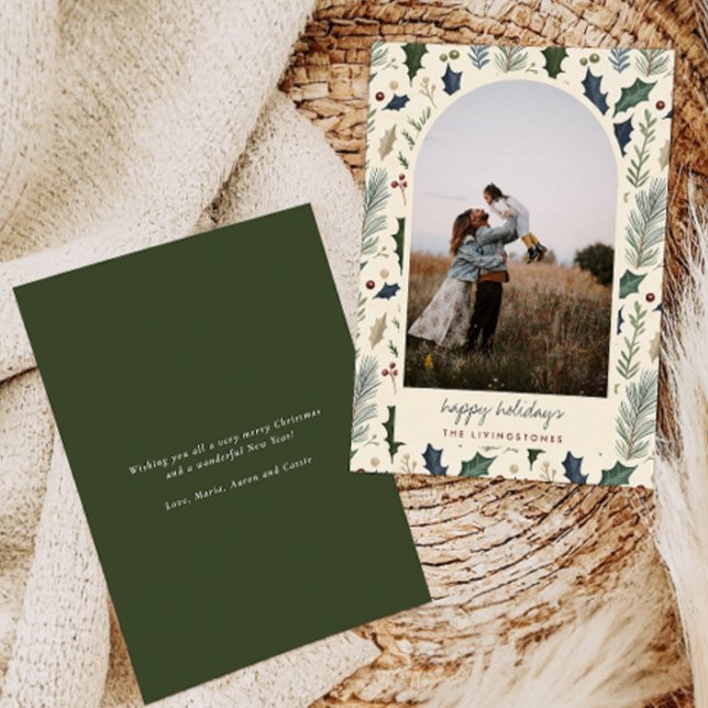 Modern Green Holly & Pine Leaves Arch Photo Holiday Card (Creator Uploaded)