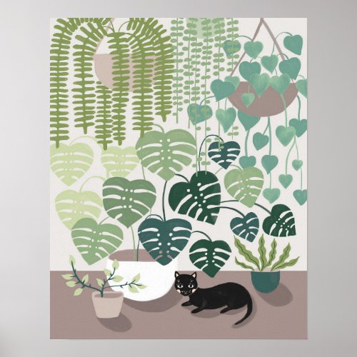 Modern Green Indoor Plants Cat Illustrated Poster