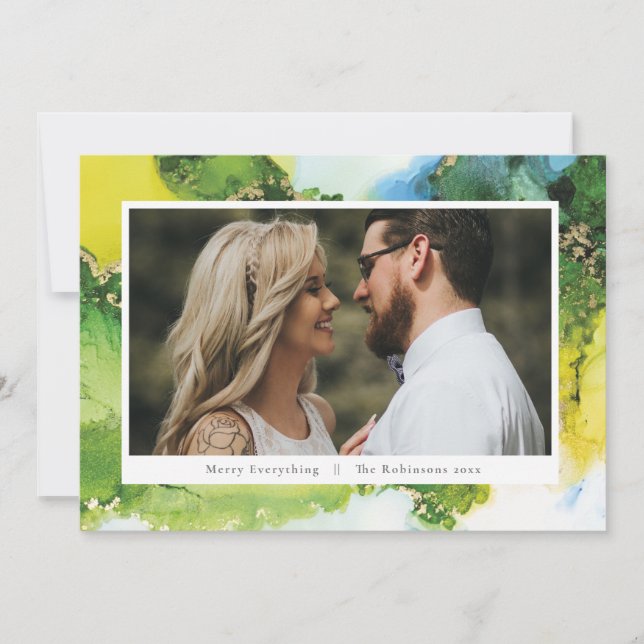 Modern Green Ink Holiday Christmas Photo Card (Front)
