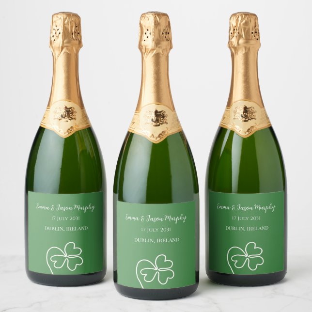  Modern Green Irish Clover Leaf Wedding   Sparkling Wine Label (Bottles)