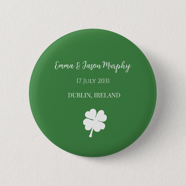  Modern Green Irish Four Leaf Clover Wedding   Button (Front)
