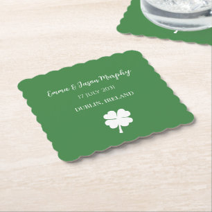 Modern Green Irish Four Leaf Clover Wedding Paper Coaster