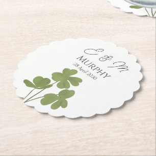 Modern Green Irish Leaf Clover Wedding Paper Coaster