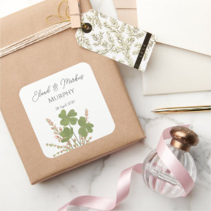  Modern Green Irish Leaf Clover Wedding   Square Sticker