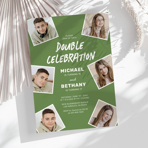 Modern Green Joint Photo Birthday Party Invitation