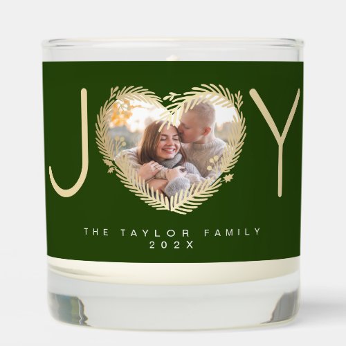 Modern Green Joy Christmas Heart Wreath Photo Scented Candle