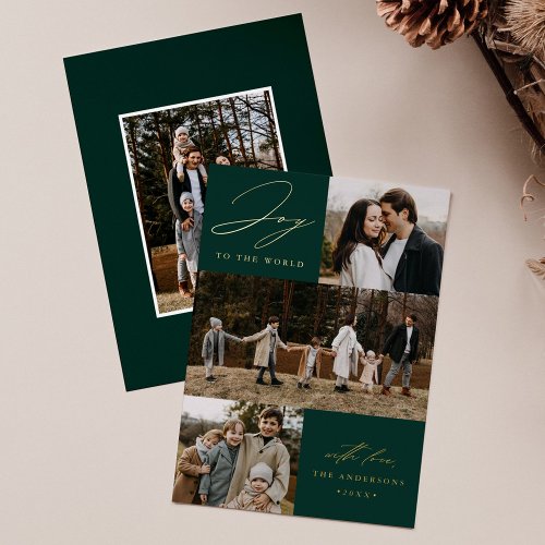 Modern Green Joy to the World 4 Photo Foil Holiday Card