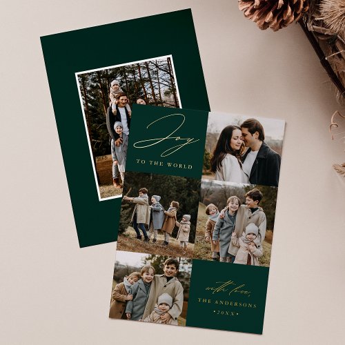 Modern Green Joy to the World 5 Photo Foil Holiday Card
