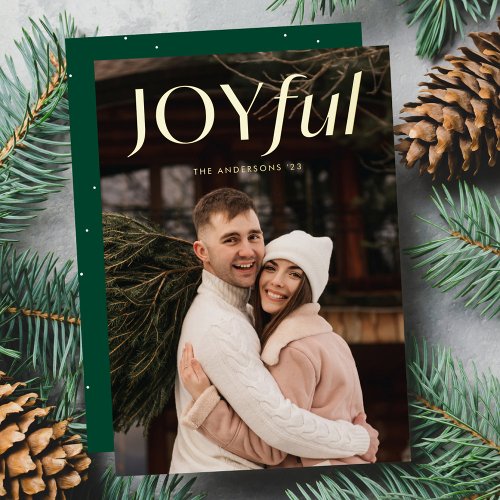 Modern Green Joyful Photo Foil Holiday Card