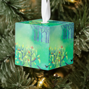 Modern Green Landscape Nature Painting Cube Ornament