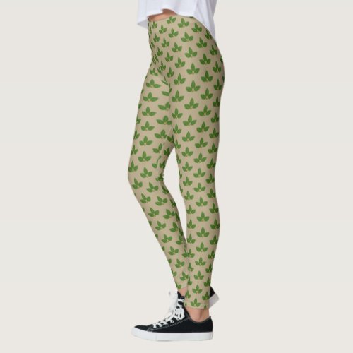 Modern Green Laurel Leaf Pattern on Beige Leggings