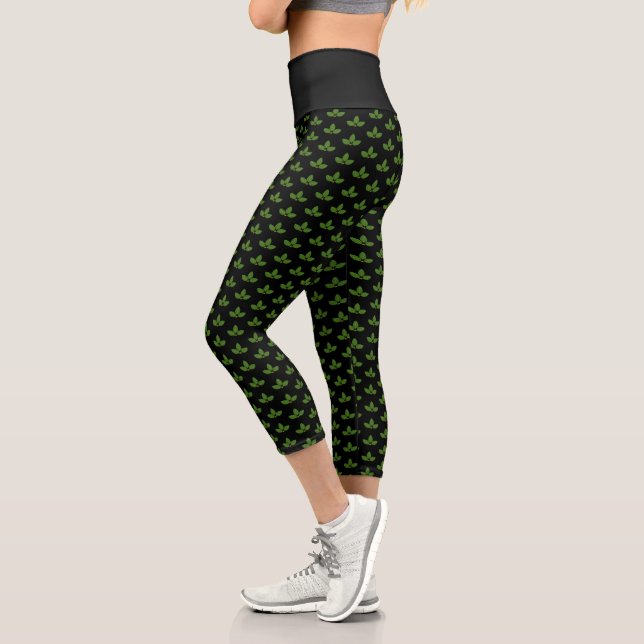 Modern Green Laurel Leaf Pattern on Black Capri Leggings (Left)