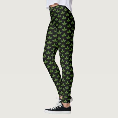 Modern Green Laurel Leaf Pattern on Black Leggings