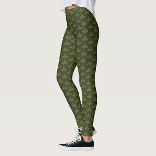 Modern Green Laurel Leaf Pattern on Brown Leggings