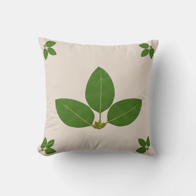 Modern Green Laurel Leaves on Beige Throw Pillow (Front)