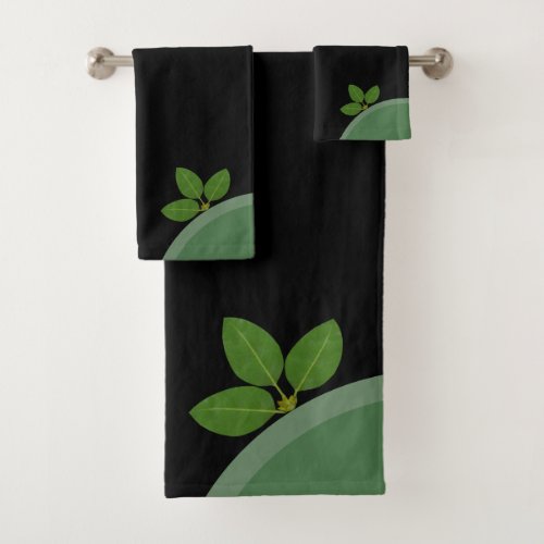 Modern Green Laurel Leaves on Black Bath Towel Set