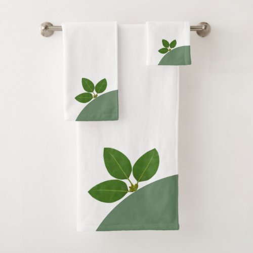 Modern Green Laurel Leaves on White Bath Towel Set