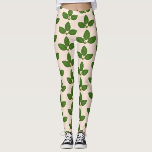 Modern Green Laurel Leaves Pattern on Ivory Leggings