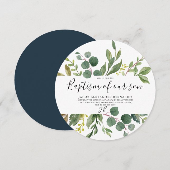 Modern Green Leaf Boy or Girl Baptism Christening Invitation (Front/Back)