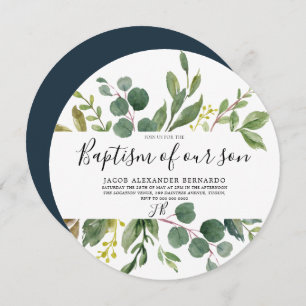 Modern Green Leaf Boy or Girl Baptism Christening Invitation