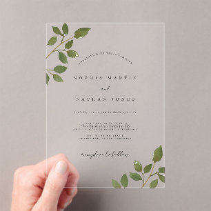 Modern Green Leaf Clear Minimalist Wedding Acrylic Invitations