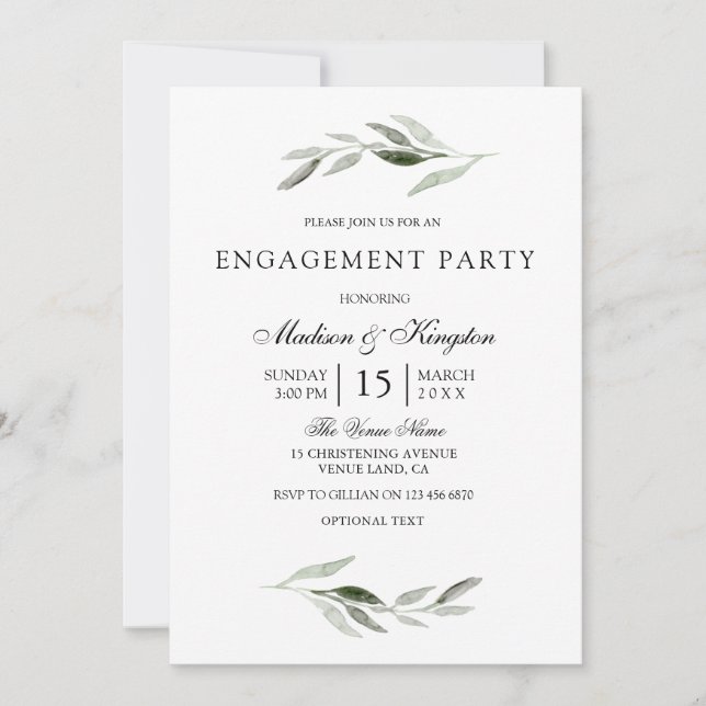 Modern Green Leaf Elegant Engagement Party Invite (Front)