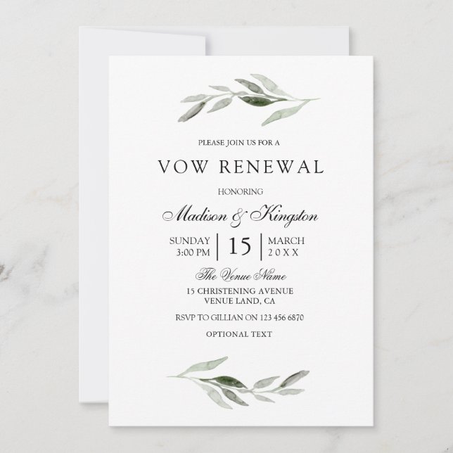 Modern Green Leaf Elegant Vow Renewal Invite (Front)