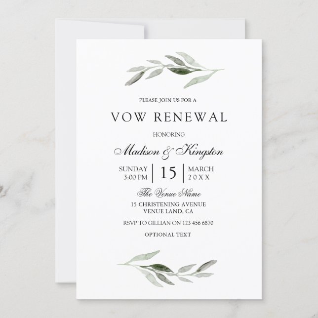 Modern Green Leaf Elegant Vow Renewal Invite (Front)