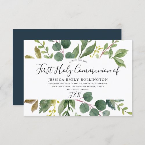 Modern Green Leaf First Holy Communion Invitation