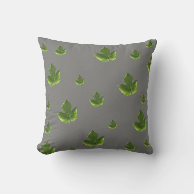 Modern green leaf leaves pattern on gray throw pillow (Front)